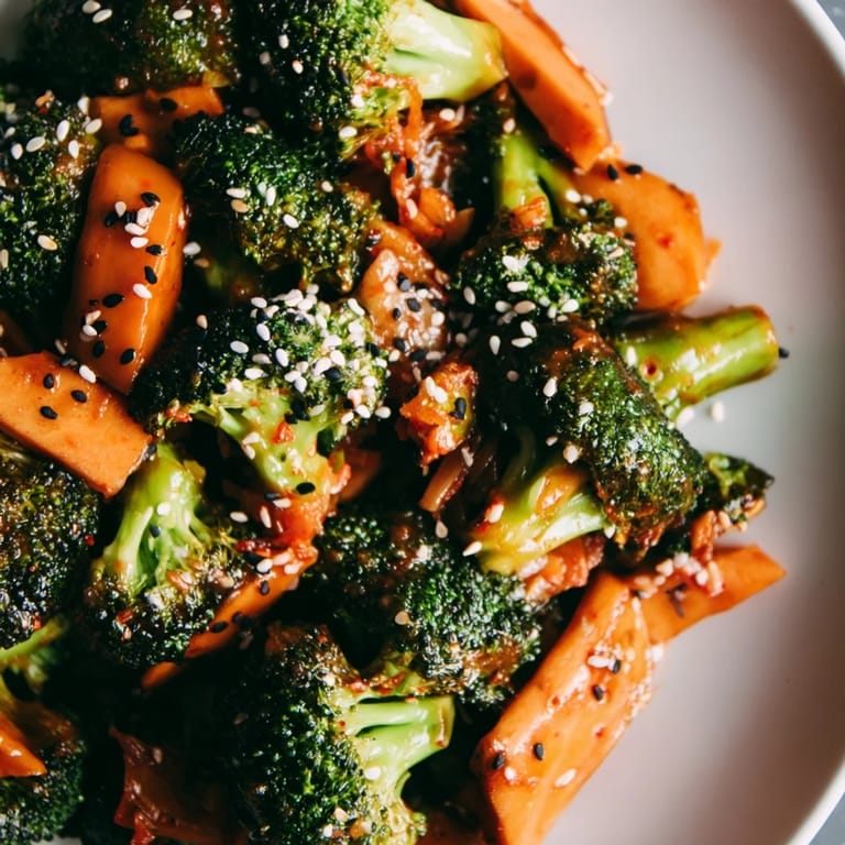 This savory comforting fermented veggie winter stir-fry features crisp-tender winter vegetables and chopped kimchi, finished with a sprinkle of green onions and sesame seeds.