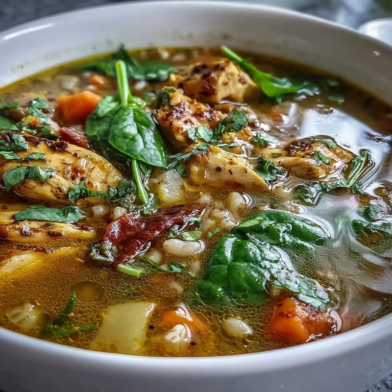 Golden-hued Soothing Turmeric Chicken With Pearl Barley soup simmering in a rustic pot, with fresh parsley garnish and a slice of crusty bread on the side.