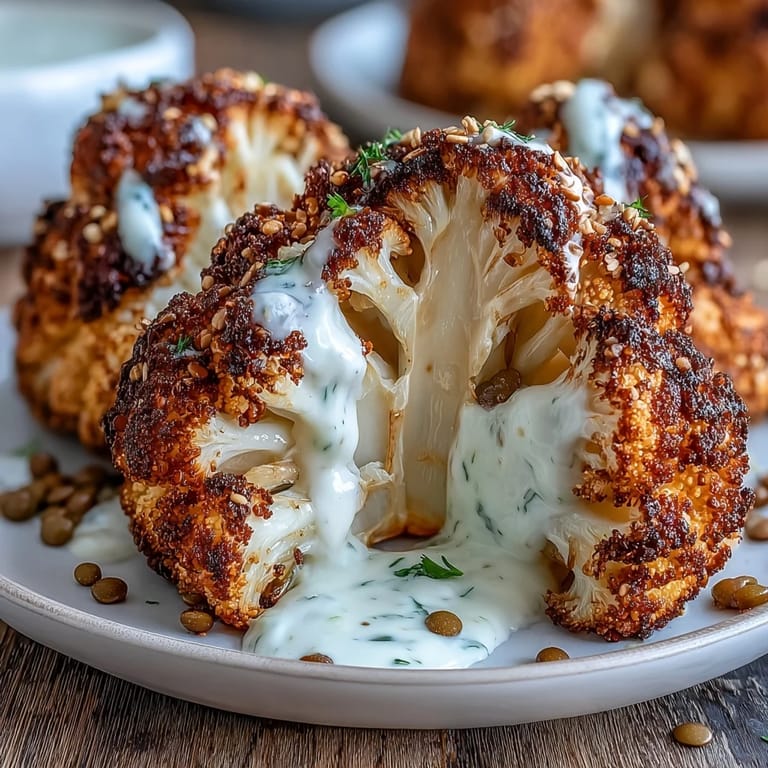 Ready to serve Middle Eastern-inspired vegetarian dish features tender roasted cauliflower, lemony lentil salad, and a rich, garlicky tahini yogurt sauce.
