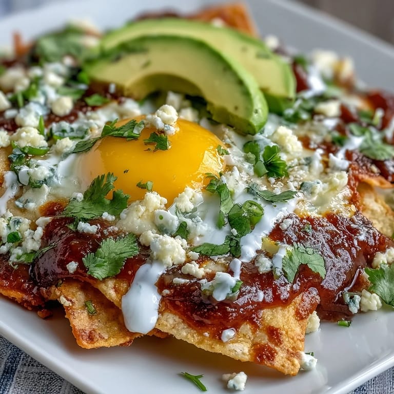 A vibrant plate of homemade chilaquiles with creamy avocado slices, tangy crema, and pickled red onions for a hearty Mexican breakfast.  