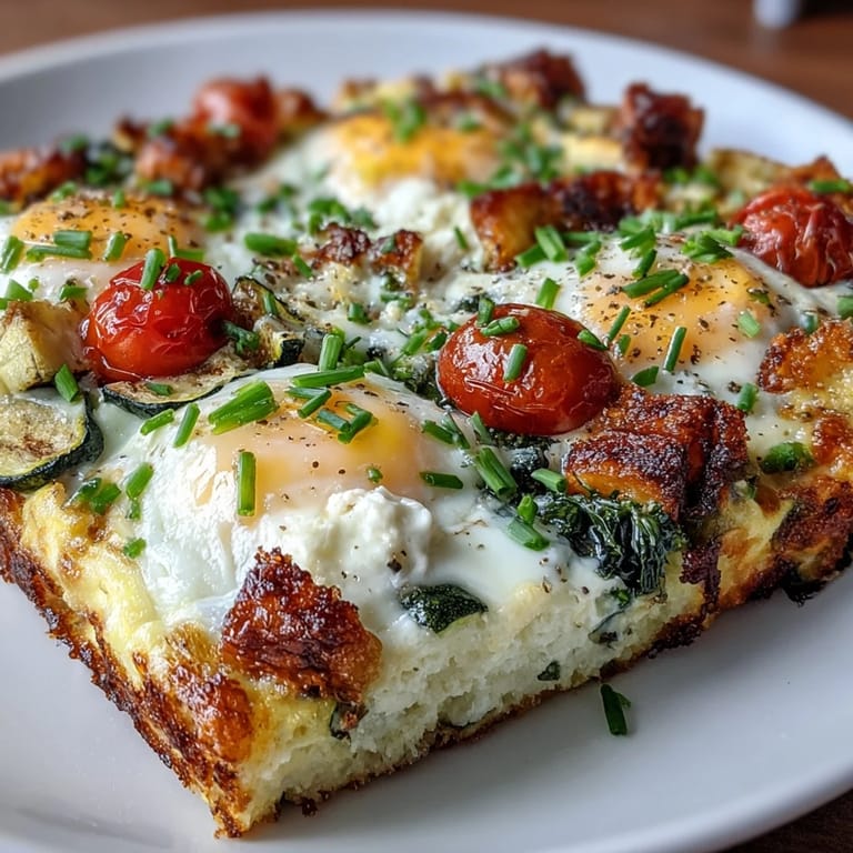 A slice of high-protein cottage cheese egg bake served warm, garnished with fresh green chives.