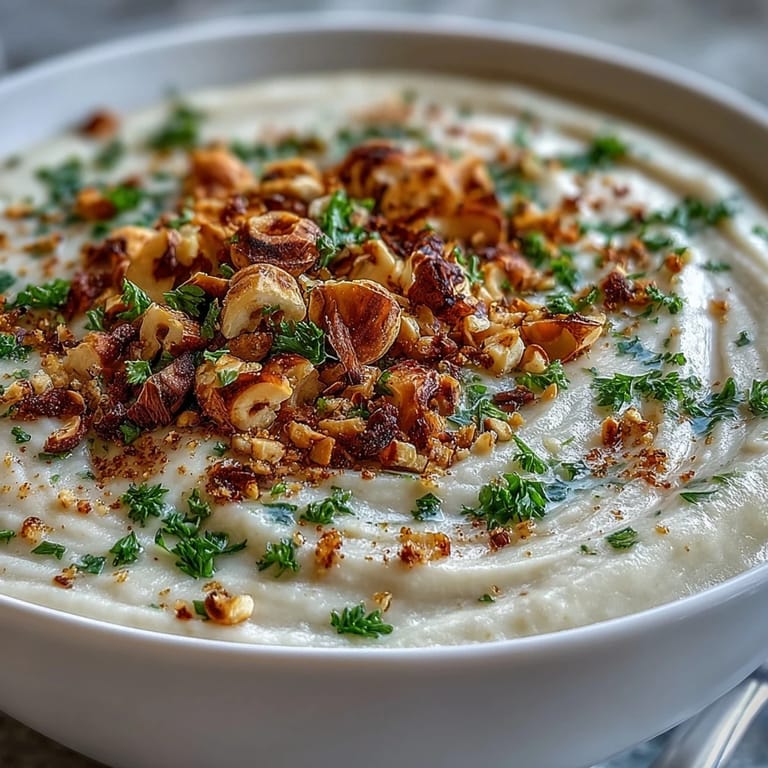 Roasted celeriac soup with hazelnut crumble, presented in a rustic white bowl for a cozy, warming vegetarian meal.