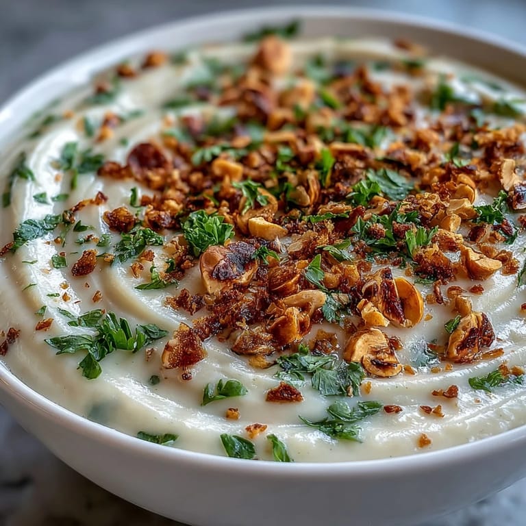 Silky smooth celeriac soup garnished with crunchy hazelnut crumble, ready to be enjoyed with a glass of white wine.