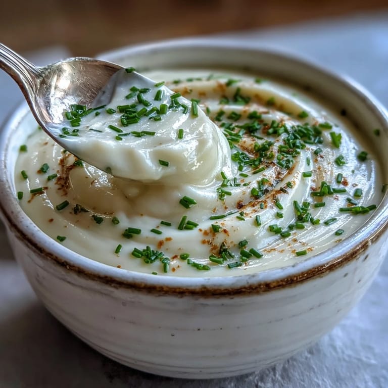 Elegant Creamy Celery Root Bisque with a smooth, pale texture and a drizzle of cream, ready to serve.