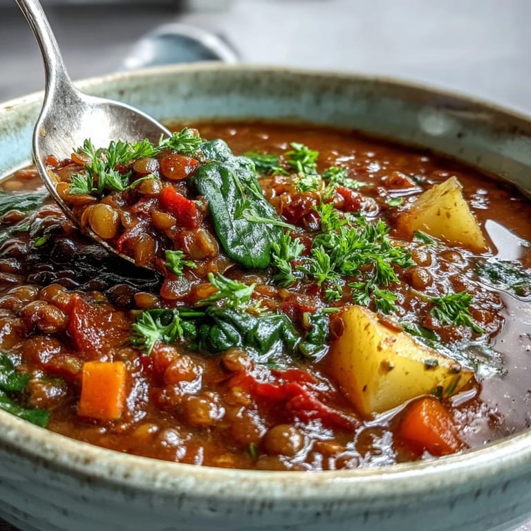 Hearty vegetarian lentil stew served in a rustic bowl, showcasing vibrant spinach, diced red bell pepper, and aromatic herbs with a slice of crusty bread on the side.  