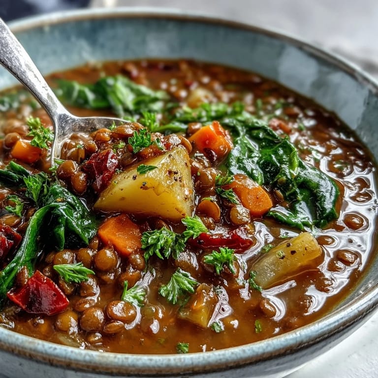 Comforting vegetarian lentil stew with a rich tomato base, simmered with brown lentils and vegetables, garnished with fresh parsley and a lemon wedge for brightness.