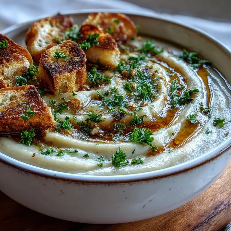 A comforting bowl of homemade Roasted Garlic Soup garnished with olive oil drizzle and parsley, perfect for chilly days.