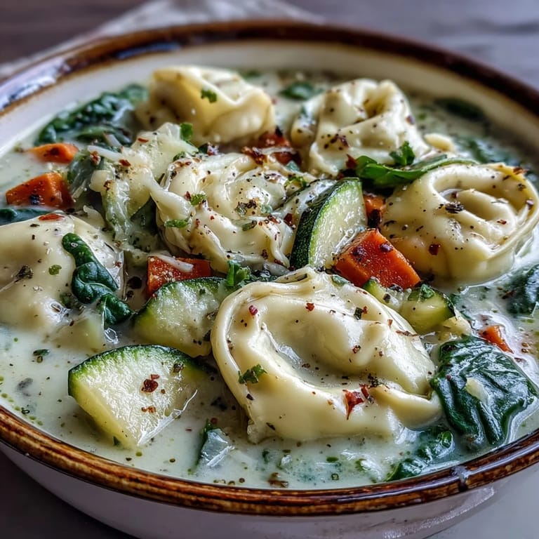 Served with crusty bread, Creamy Vegetable Tortellini Soup glows with vibrant zucchini and celery in a cozy pot.
