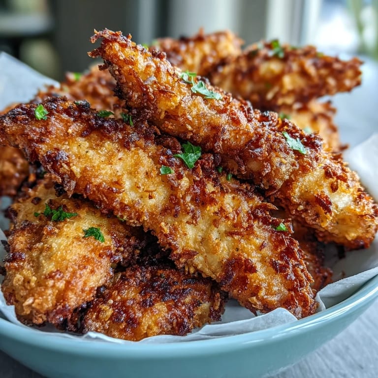 Freshly fried Crispy Turmeric Chicken Tenders with a vibrant spice coating, stacked on a rustic wooden board.