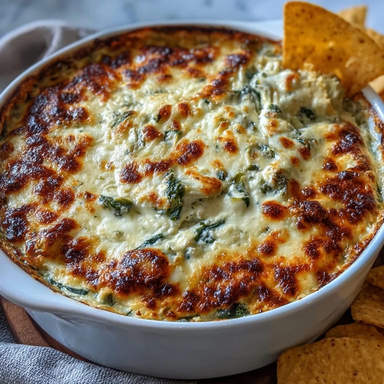 Homemade Spinach Artichoke Dip with golden cheese crust, bubbling in a dish, ideal for game day parties and gatherings.
