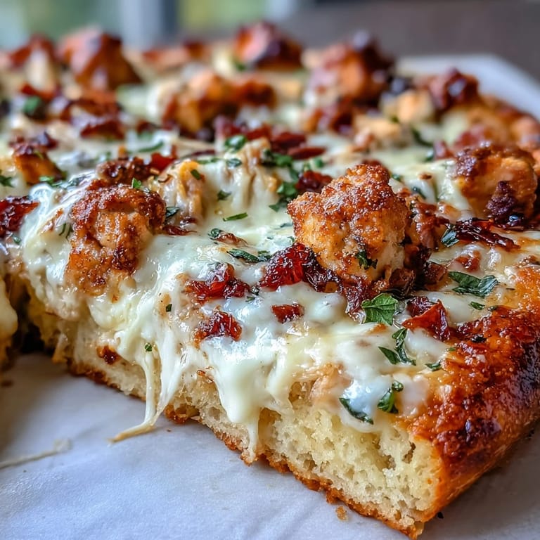 Close-up of Marry Me Chicken Pizza showing creamy sauce, tender chicken, and bubbling cheese with an oil-brushed edge.