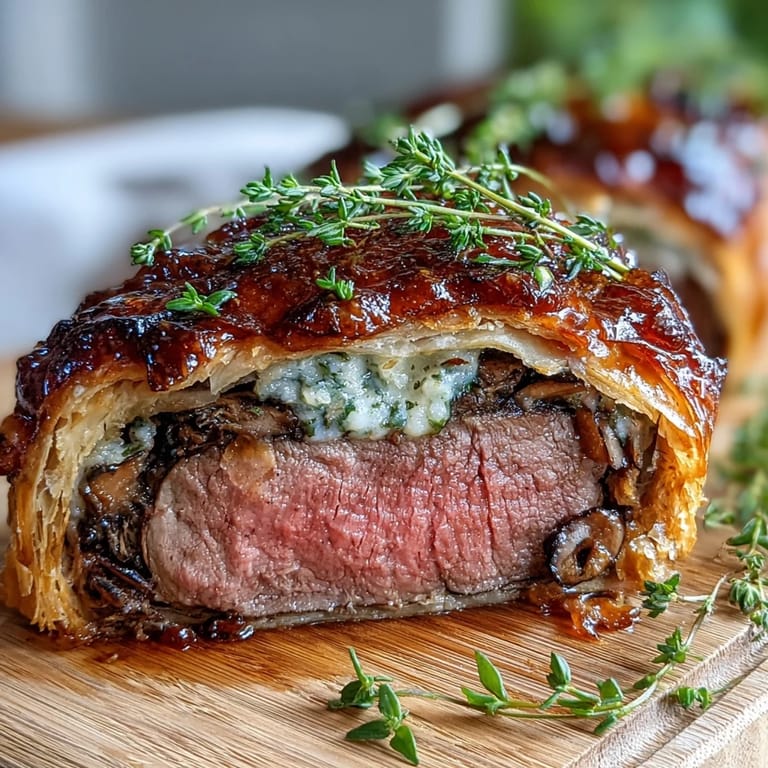 Sliced Beef Wellington reveals a juicy pink center, served on a wooden board with fresh thyme garnish.