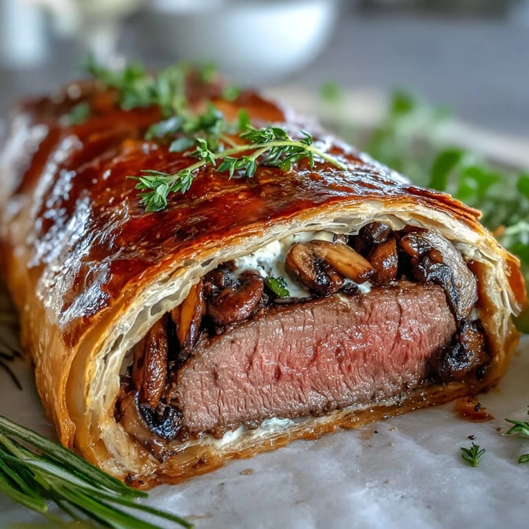 A close look at the flaky, golden-brown Beef Wellington crust, showcasing the rich layers of duxelles and beef.