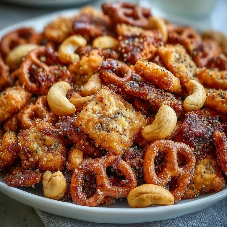 Everything Ranch Cheese and Pretzel Snack Mix cooling on a parchment-lined baking sheet, showcasing toasted pretzels, cheese crackers, and cashews for a perfect game day treat.