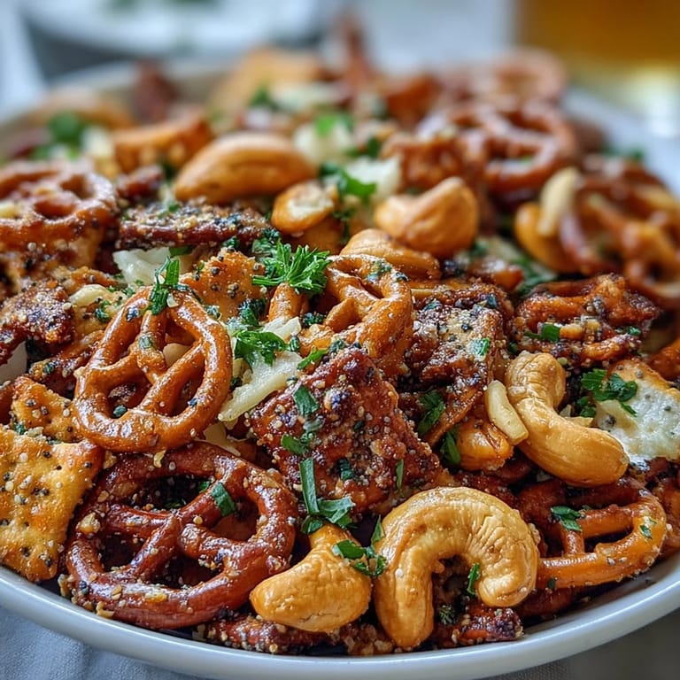 Close-up of Everything Ranch Cheese and Pretzel Snack Mix with melted cheddar bits and glossy seasoning, served in a white ceramic bowl for an irresistible snacking experience.