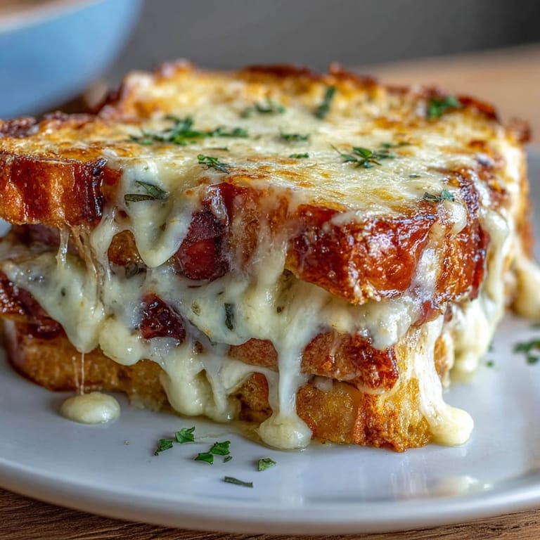 Layers of ham and buttery bread swim in creamy béchamel sauce in a baking dish.