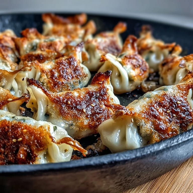 Close-up of smashed dumplings highlighting crunchy bottoms, juicy filling, and fresh scallion garnish on a platter.