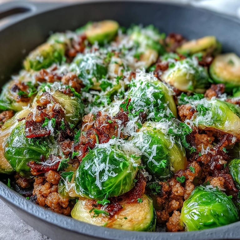 Hearty Brussels Sprouts & Ground Turkey Skillet topped with Parmesan and parsley, perfect for weeknight family dinners.