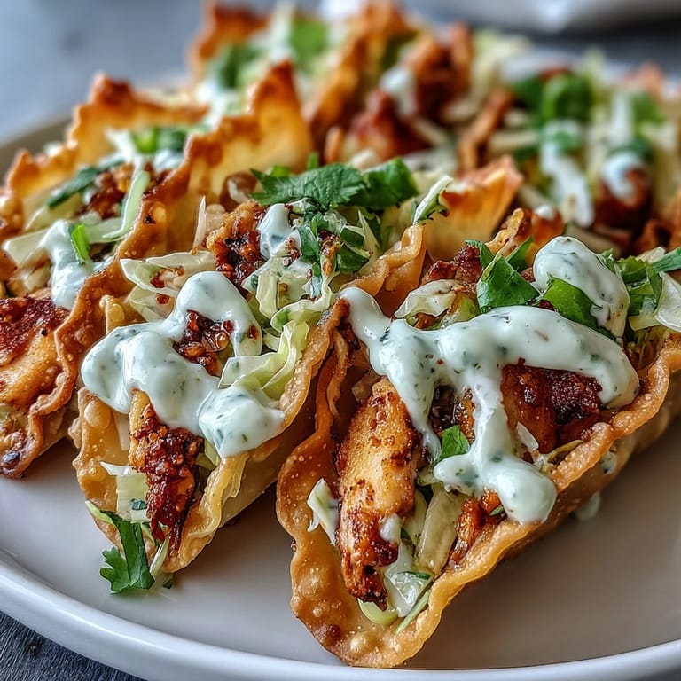 Close-up of Asian fusion Crispy Chicken Wonton Tacos featuring smoky chicken strips and shredded cabbage inside crunchy shells.