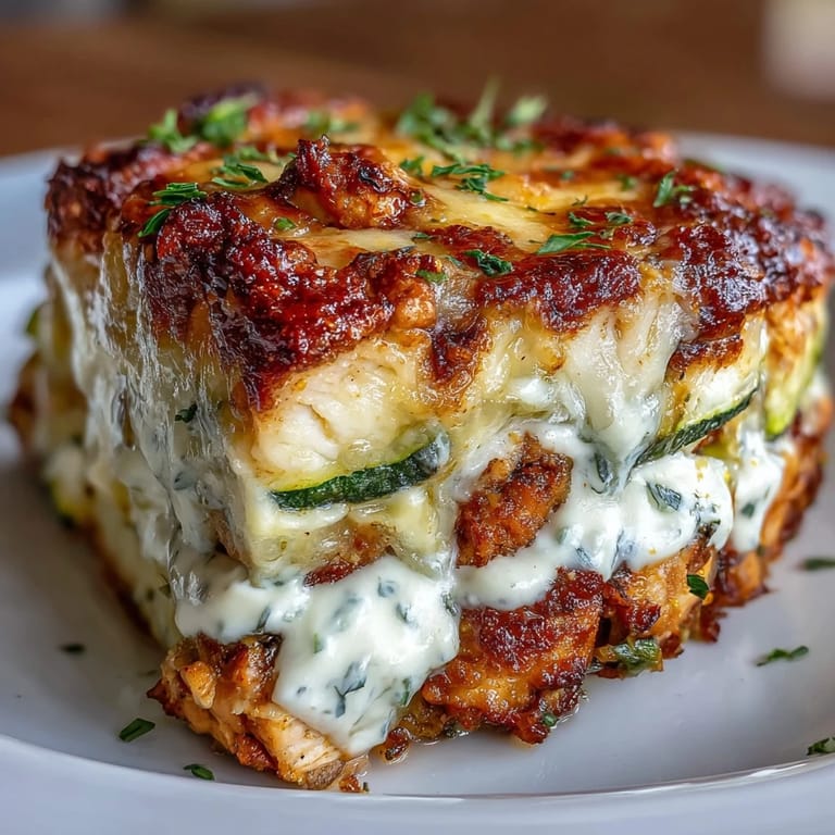 Freshly baked High Protein Chicken Zucchini Bake coming out of the oven, featuring layers of juicy chicken and zucchini in a creamy sauce, topped with bubbly, golden cheese.