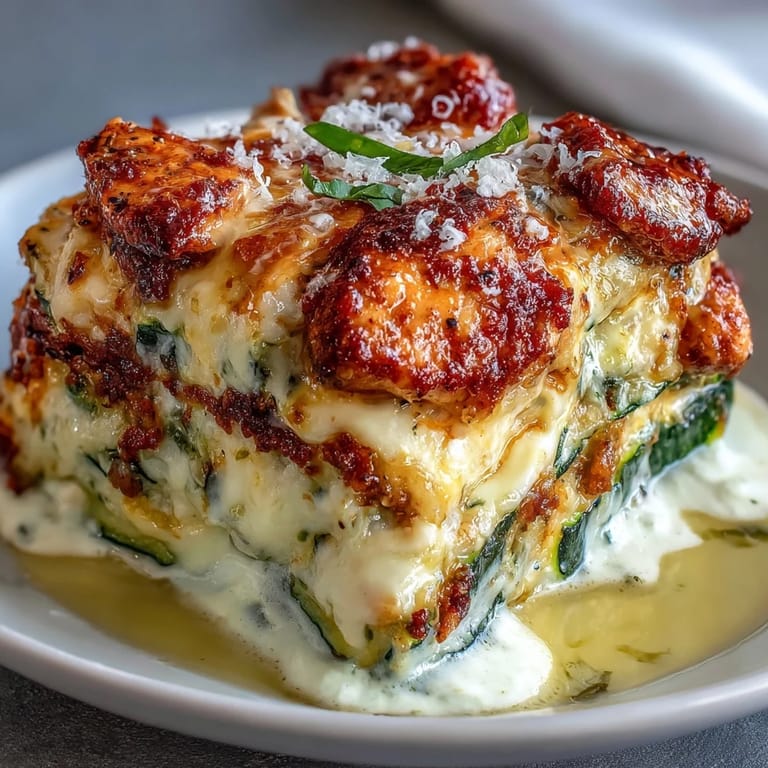 Close-up view of a hearty slice of High Protein Chicken Zucchini Bake on a white plate, highlighting the tender chicken, vibrant green zucchini, and melted cheese, perfect for a healthy low-carb meal.
