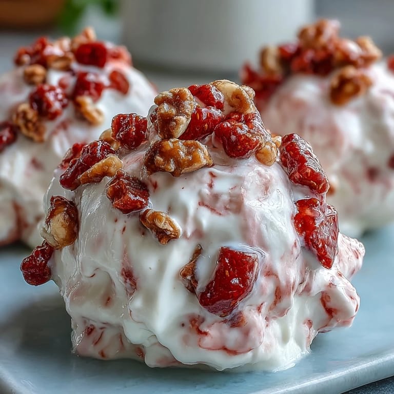 A close-up of Strawberry & Banana Yoghurt Clusters highlights crisp freeze-dried strawberries and banana chips pressed into tangy Greek yogurt before serving.
