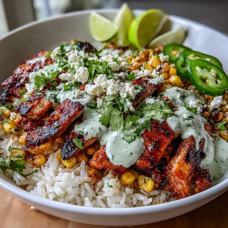 Bright lime crema drizzles over a Street Corn Chicken and Rice Bowl, highlighting golden corn, crumbled cotija, and juicy sliced chicken over fluffy rice.