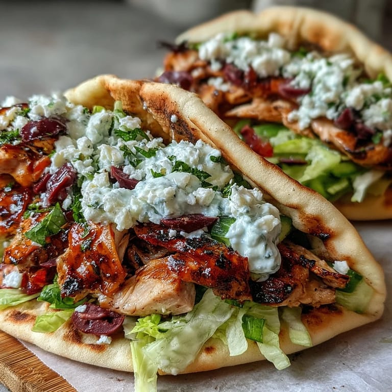 A fork holds tender, charred Mediterranean Chicken Gyros topped with Creamy Feta Tzatziki, lettuce, and olives.
