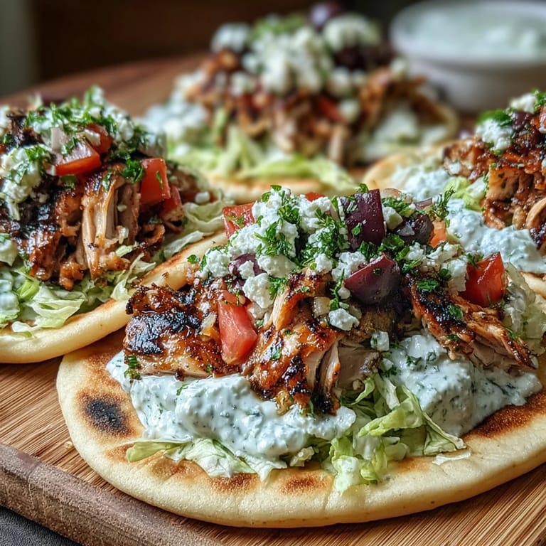 Freshly grilled Mediterranean Chicken Gyros sit beside a bowl of cool Creamy Feta Tzatziki sauce.
