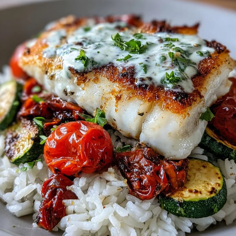 Healthy Pan-Seared Fish Bowl featuring golden fish, roasted zucchini and bell peppers, served warm with a buttery garlic lemon sauce.