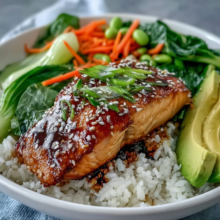 Tender soy ginger salmon fillet served over steamed jasmine rice and stir-fried Asian veggies in a colorful, healthy bowl.