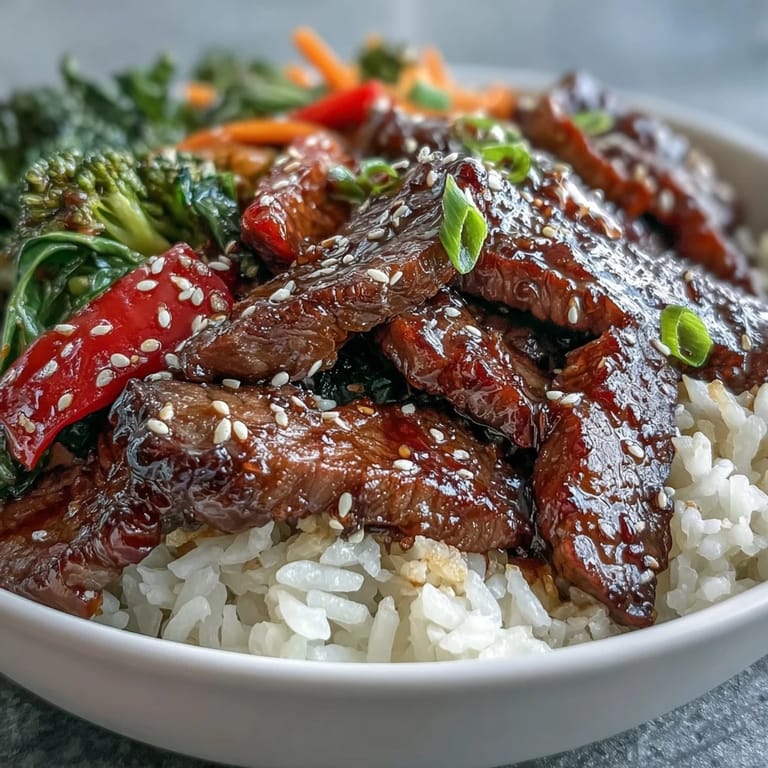 Close-up view shows tender beef glazed in a rich brown teriyaki sauce, garnished with green onions and sesame seeds.  