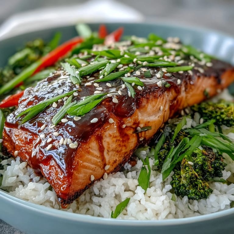 Savory-sweet Teriyaki Salmon Bowl garnished with sesame seeds and green onions for a fresh, satisfying meal.