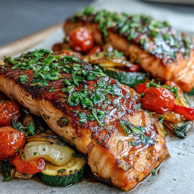 A close-up of the Sheet Pan Salmon and Veggies Bowl reveals tender fish and colorful roasted vegetables, garnished with fresh parsley and lemon wedges.
