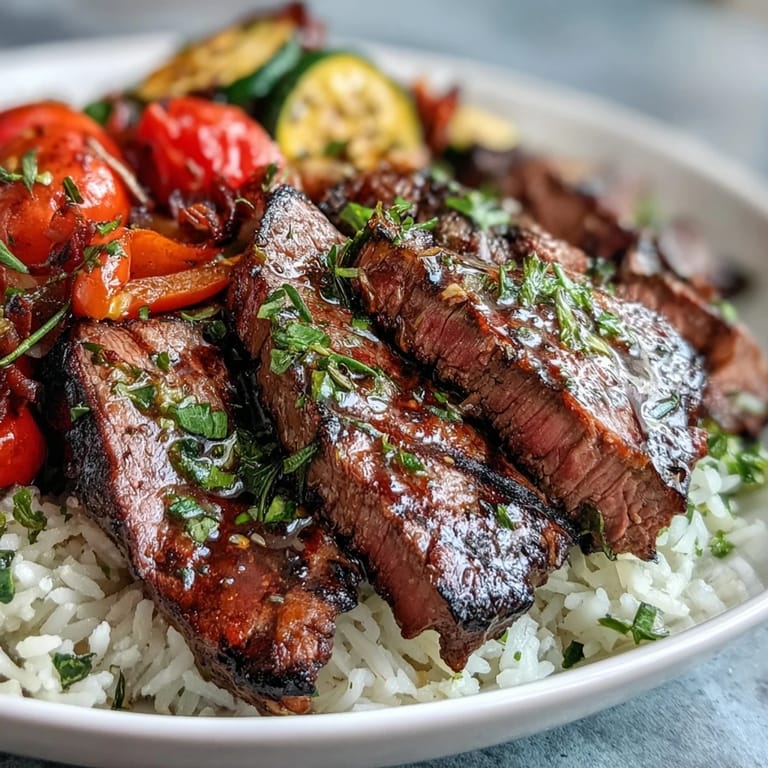 Sliced flank steak sits beside caramelized cherry tomatoes and red onion on roasted veggies, garnished with fresh parsley for a Sheet Pan Steak and Veggie Bowl.