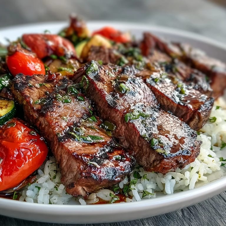 A close-up view of tender beef strips, roasted yellow squash, and bell peppers mixed with rice, showcasing the easy meal prep of a Sheet Pan Steak and Veggie Bowl.