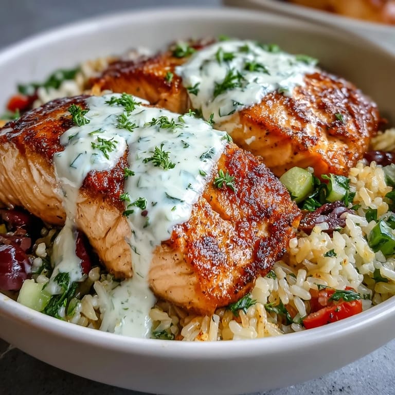 Crispy Rice Salmon Bowl with Mediterranean vegetables and fresh dill garnish on a rustic wooden table.