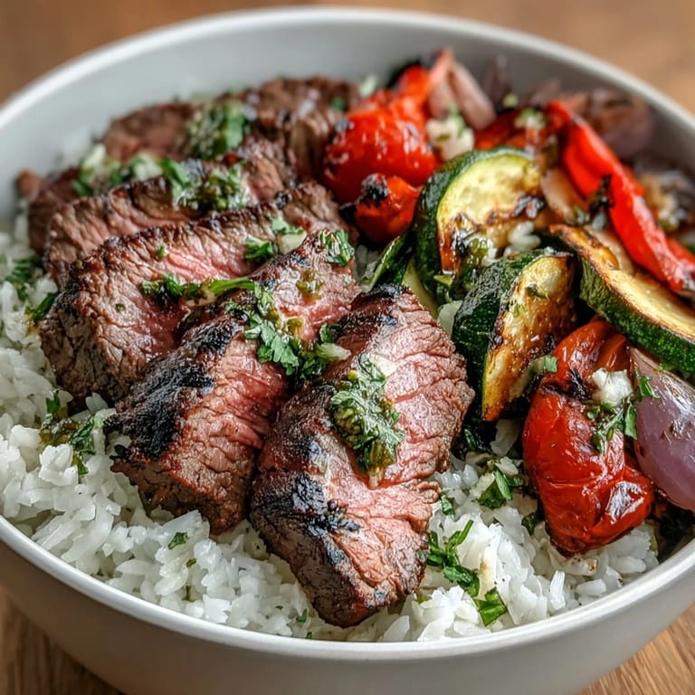 A vibrant bowl of fluffy rice, juicy grilled steak, roasted peppers, and zucchini, all smothered in homemade chimichurri sauce.