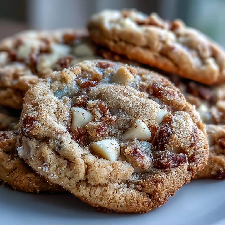 A batch of Hojicha White Chocolate Cookies with a crinkled texture and speckled roasted tea powder on a marble countertop. 