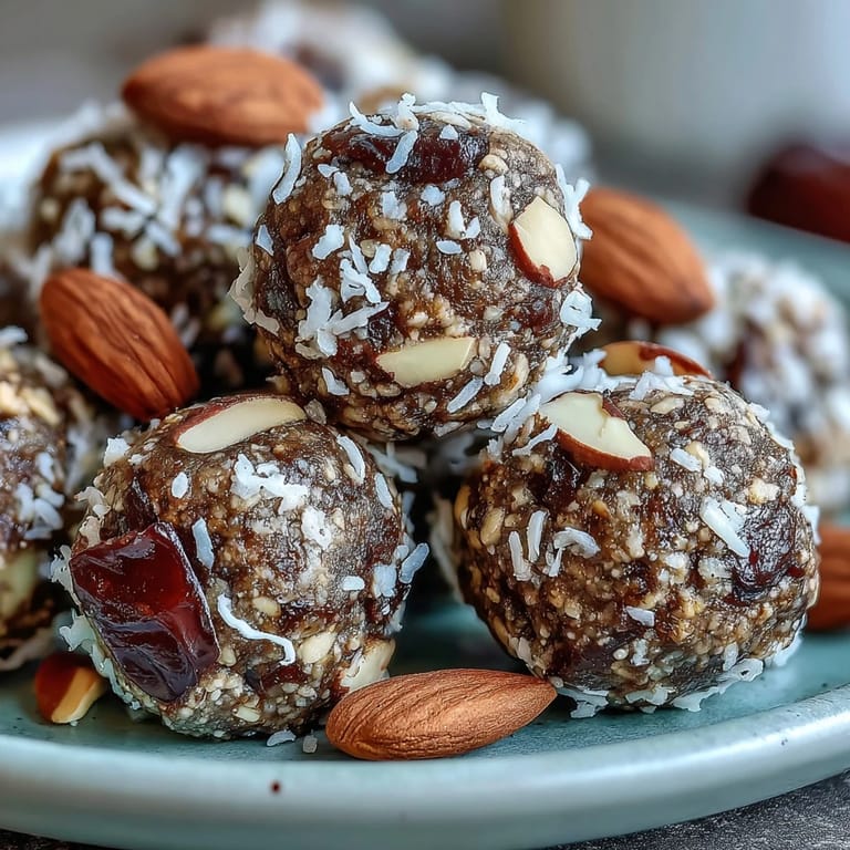 Bite-sized Hojicha Energy Balls studded with cacao nibs on a rustic wooden board.