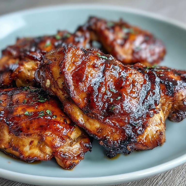 Oven-baked Honey Garlic Chicken Thighs with crisp skin and sweet glaze, garnished with fresh parsley and sesame seeds.
