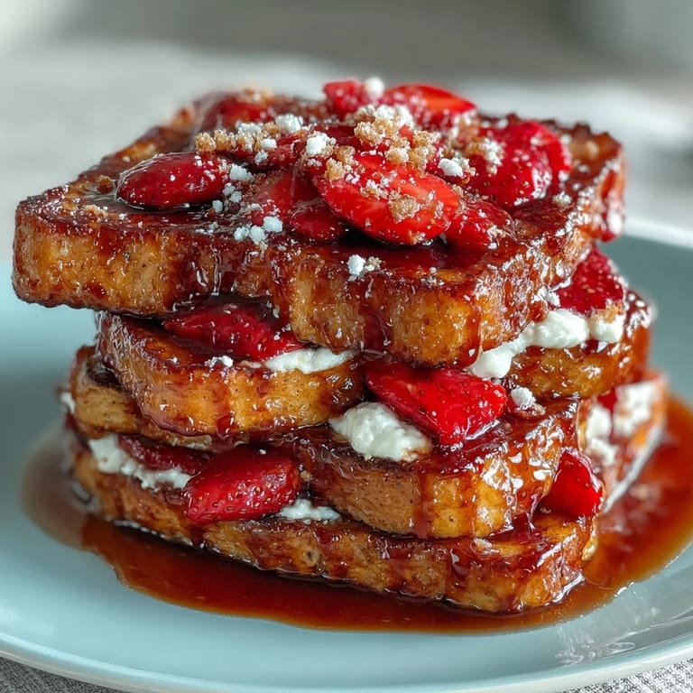 Baked Strawberry French Toast Casserole topped with cinnamon streusel and served warm, ideal for a festive spring brunch with maple syrup.