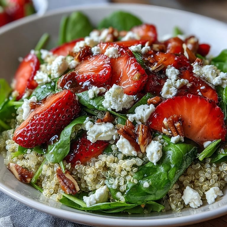 A close-up of strawberry feta quinoa salad, showcasing vibrant strawberries, creamy feta, and crunchy toasted almonds.