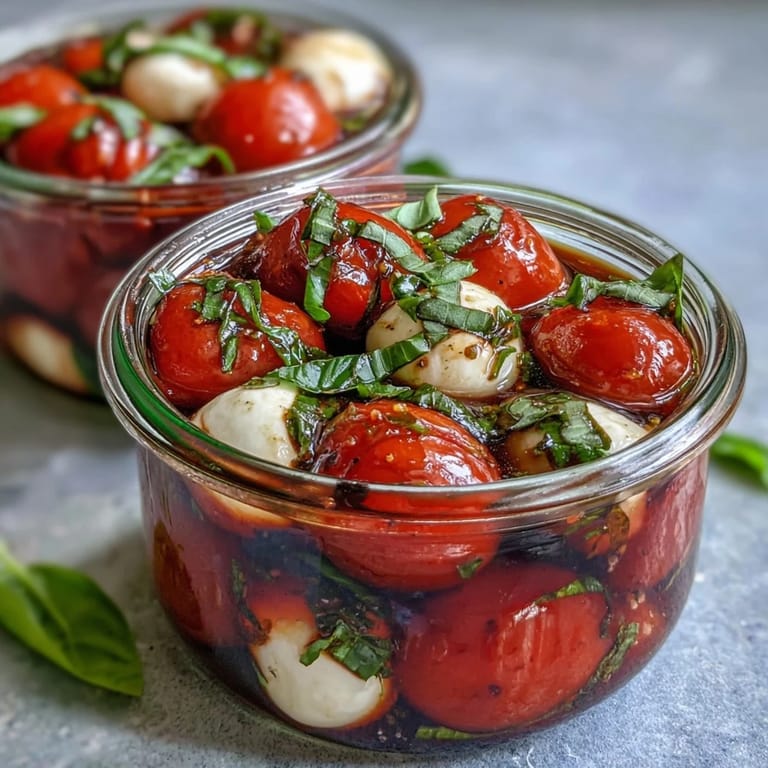 Fresh Mason Jar Caprese Salad with vibrant tomatoes, soft mozzarella, and basil leaves, dressed in olive oil and balsamic glaze.
