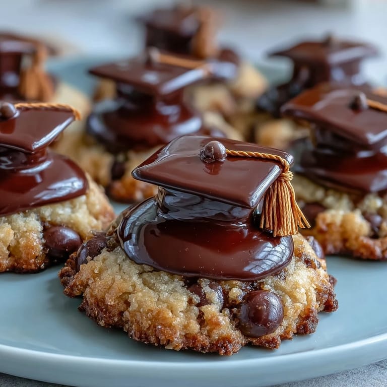 Delightful sugar cookies shaped like graduation caps, featuring smooth royal icing and colorful candy accents for a sweet, festive dessert.