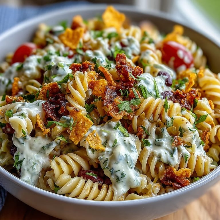 Colorful Taco Pasta Salad with Doritos and Avocado Ranch, featuring tender pasta, zesty dressing, and crisp lettuce for a satisfying bite.  