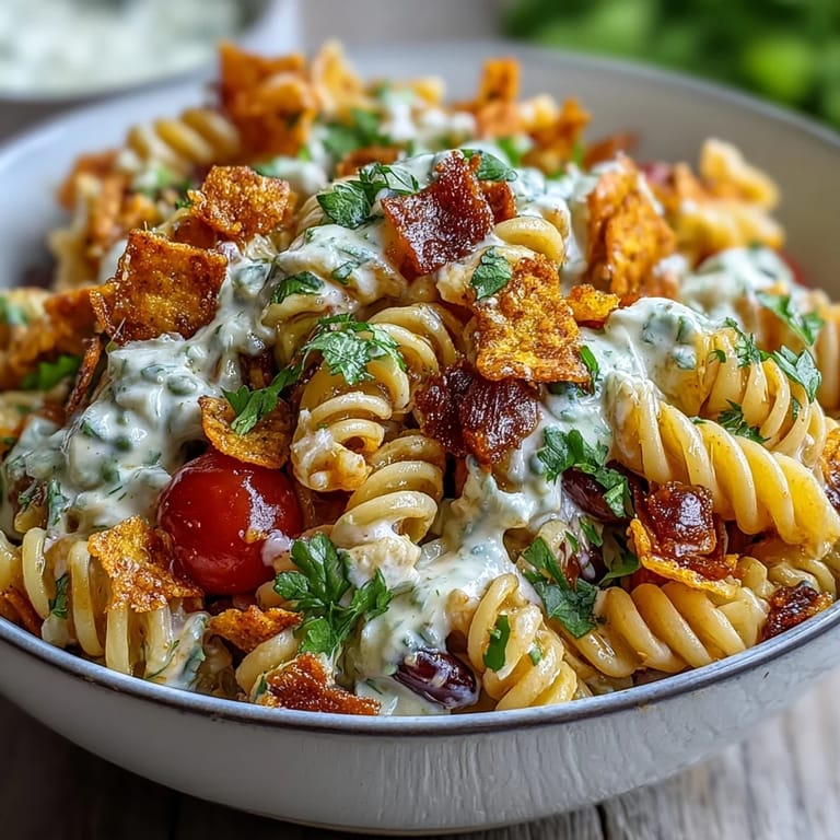 Creamy Taco Pasta Salad with Doritos and Avocado Ranch, loaded with black beans, corn, and cheddar, topped with crushed Nacho Cheese Doritos.