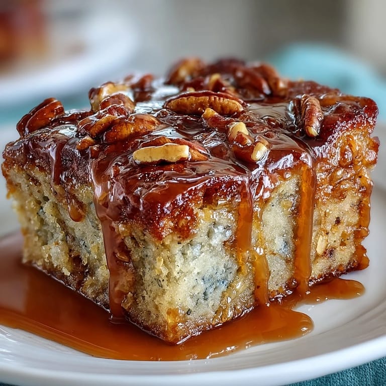 Elegant dandelion honey cake slice with lemon glaze, served on a white plate with a fork.