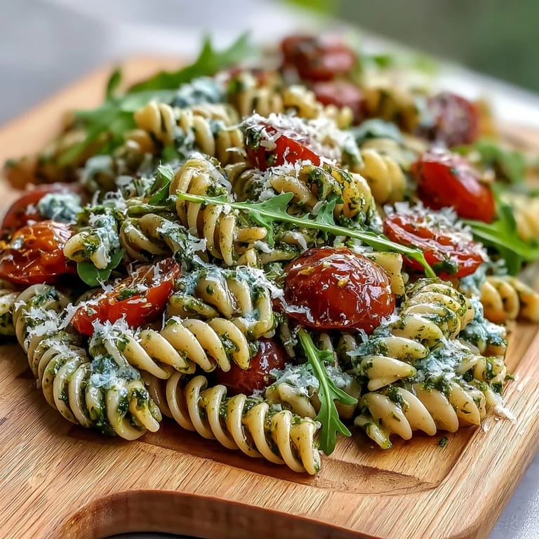 Refreshing pasta salad featuring al dente fusilli, homemade pesto, and juicy cherry tomatoes—perfect for warm-weather meals.  