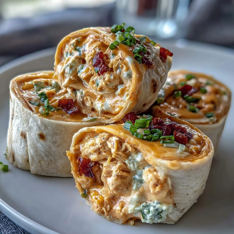 Spicy Buffalo chicken and cream cheese pinwheel wraps served with ranch dressing for dipping at a party buffet.